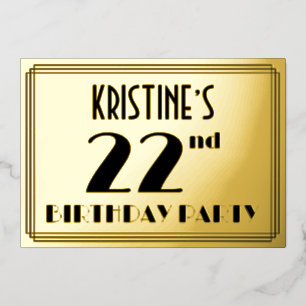 22. Geburtstagsfeier — Art Deco-Look „22“ + Name Folieneinladung