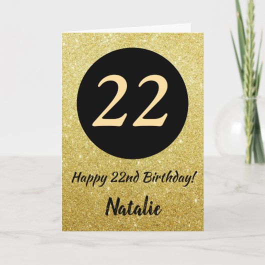 22. Happy Birthday Black and Gold Glitzer Card Karte (Vorderseite)
