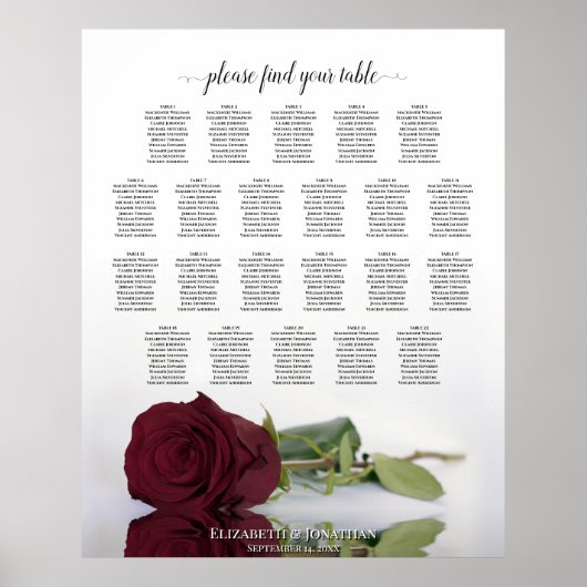 22 Tabelle Burgundy Rose Hochzeitskarte Poster (Vorne)