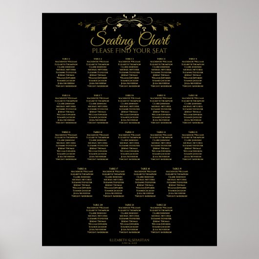22 Tabelle Einfache Gold Black Wedding Seating Cha Poster (Vorne)