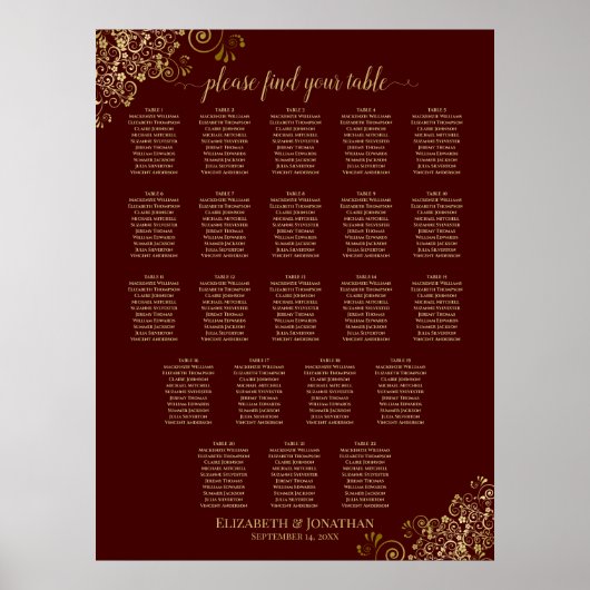 22 Tabelle Hochzeitskarte Auburn & Gold Lace Poster (Vorne)