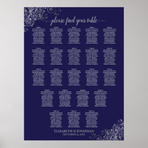 22 Table Wedding Seating Chart Navy Blue & Gray Poster