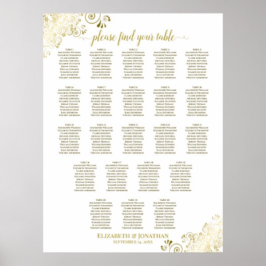 22 Tischdecken für Hochzeitssitze, weiß und goldfa Poster (Vorne)