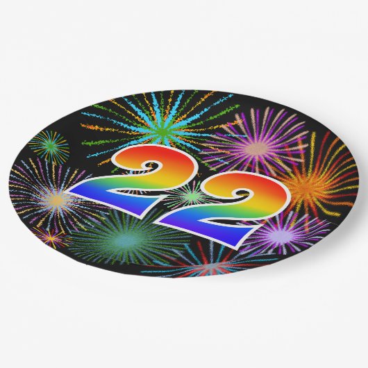 22. Veranstaltung - Spaß, farbenfroh, kühl, Regenb Pappteller (Schrägansicht)