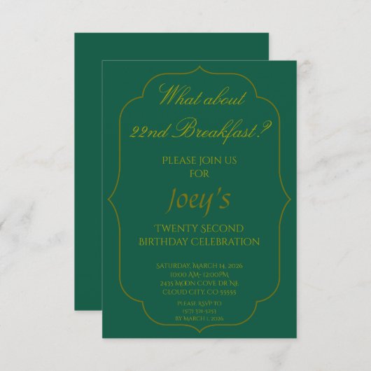 22nd Birthday Breakfast Invitations (Vorne/Hinten)