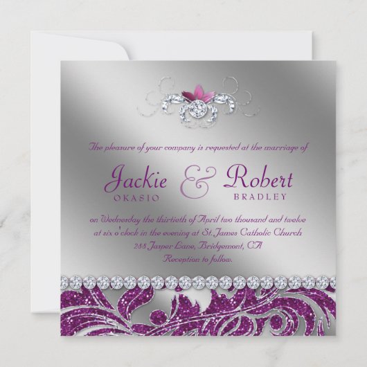 232 Elegant Wedding Leaf Blumenstrauß Lila Sparkle Einladung (Rückseite)