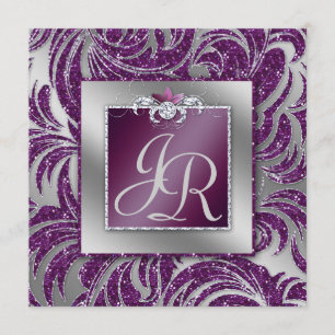 232 Elegant Wedding Leaf Blumenstrauß Lila Sparkle Einladung
