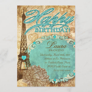 232 Süße 16 Paris Eiffelturm Vintage-Blume Blau Einladung