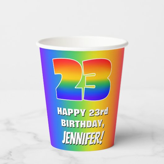 23. Geburtstag: Farbiges, lustiges Regenbogenmuste Pappbecher (Rückseite)