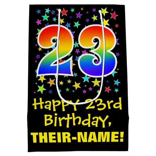 23. Geburtstag: Farbiges Sternenmuster & Regenboge Mittlere Geschenktüte (Rückseite)