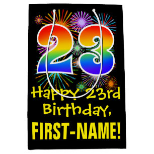 23. Geburtstag: Fun Fireworks Pattern + Rainbow 23 Mittlere Geschenktüte