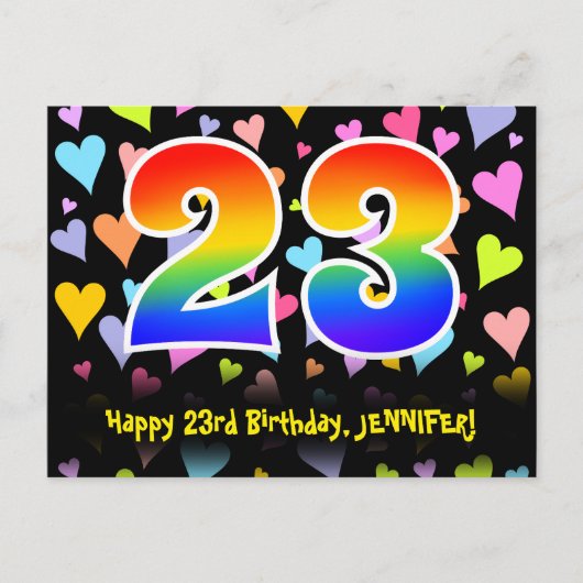23. Geburtstag: Lustiges Herzen-Muster, Regenbogen Postkarte (Vorderseite)