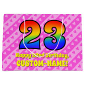 23. Geburtstag: Rosa Streifen & Herz, Regenbogen # Große Geschenktüte (Vorderseite)