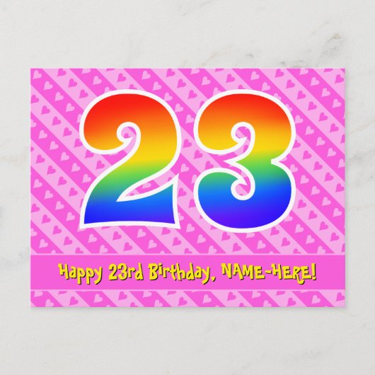 23. Geburtstag: Rosa Streifen und Herz, Regenbogen Postkarte (Vorderseite)