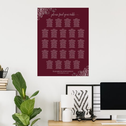 23 Tabelle Burgundy & Silver Wedding Seating Chart Poster (Heimbüro)