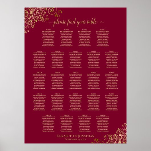 23 Tabelle Elegant Burgundy & Gold Seating Chart Poster (Vorne)