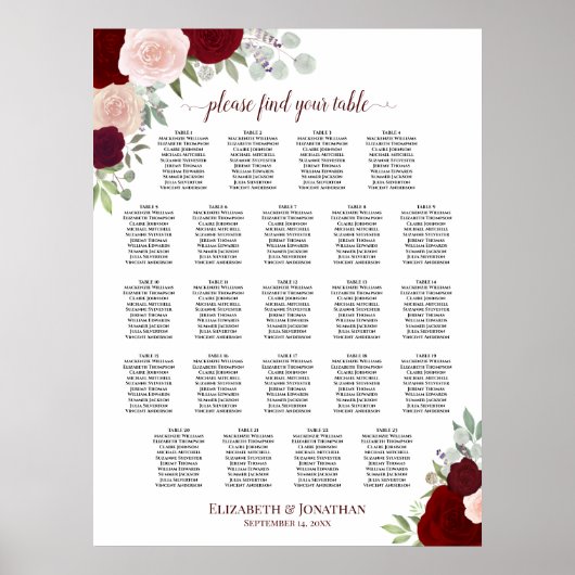 23 Tabelle Rot-Rosa-Blütensitzkarte Poster (Vorne)