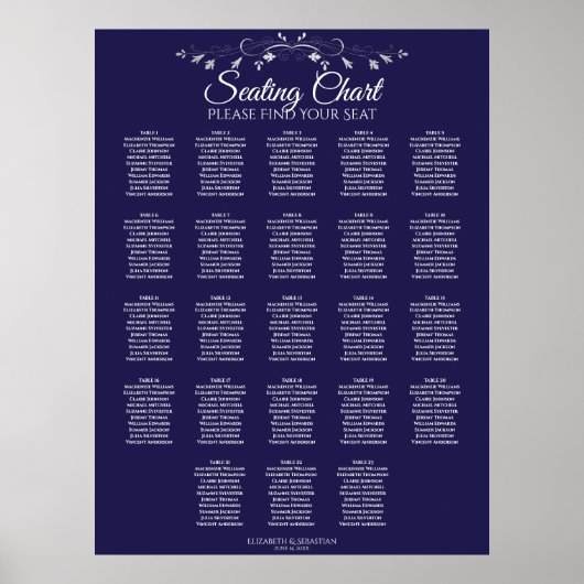 23 Table Elegant Navy Blue Wedding Seating Chart Poster (Vorne)