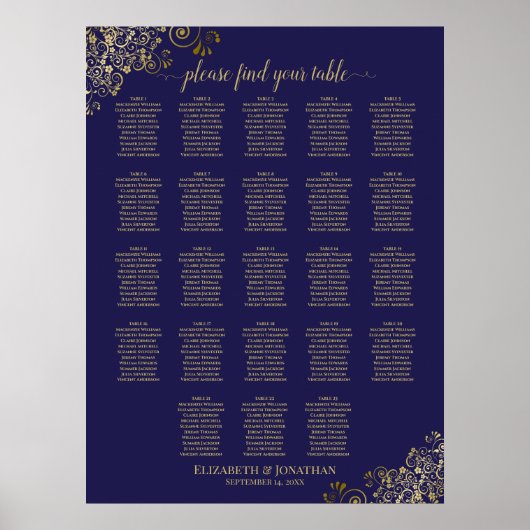 23 Table Navy Blue & Gold Seating Chart Poster (Vorne)