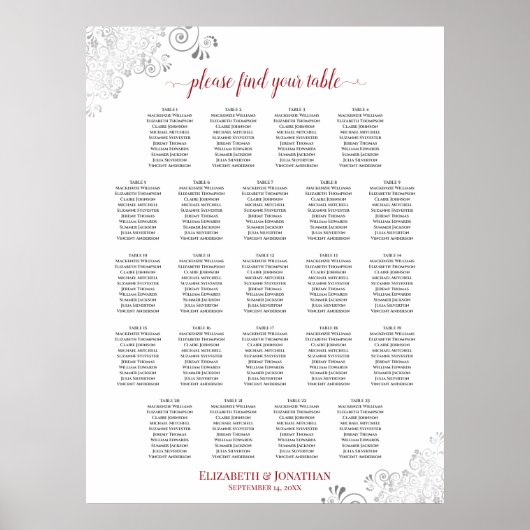23 Tischlacy Silver Wedding Seating Chart Red Poster (Vorne)