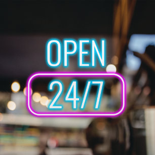24/7 l Neon Pink Blue Opening Stunden Fensteraufkleber
