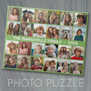 24-Foto-Collage mit Familienname Datum Grün Puzzle