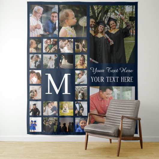 24 Foto-Familie oder Collage mit Text Navy Blue Wandteppich (Beispiel)
