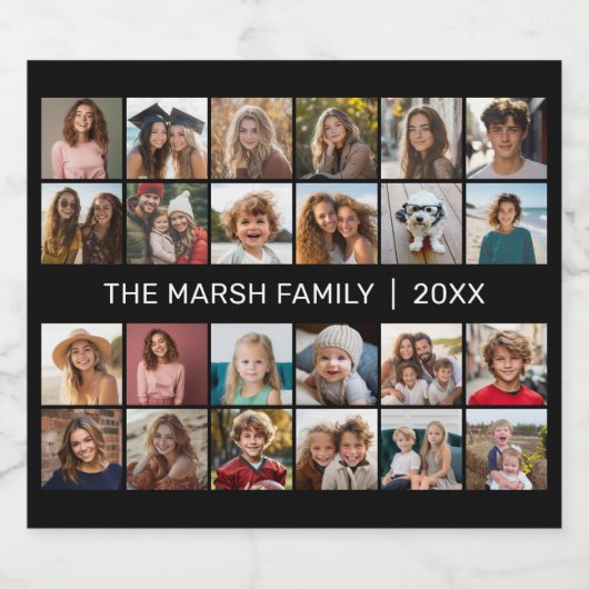 24 FotoCollage mit Familienname Datum - schwarz Bierflaschenetikett (Einzelnes Label)