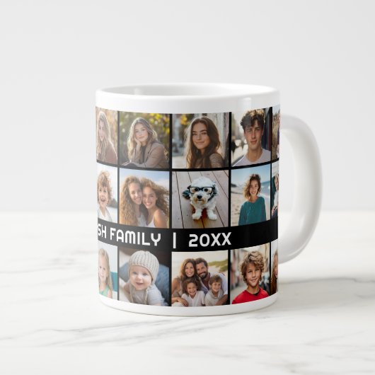 24 FotoCollage mit Familienname Datum schwarz Jumbo-Tasse (Vorderseite Rechts)