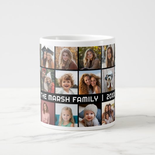 24 FotoCollage mit Familienname Datum schwarz Jumbo-Tasse (Vorderseite)