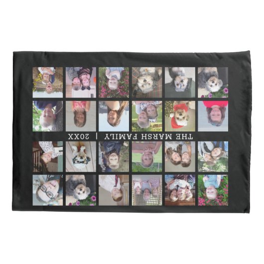 24 FotoCollage mit Familienname Datum - schwarz Kissenbezug (Rückseite)