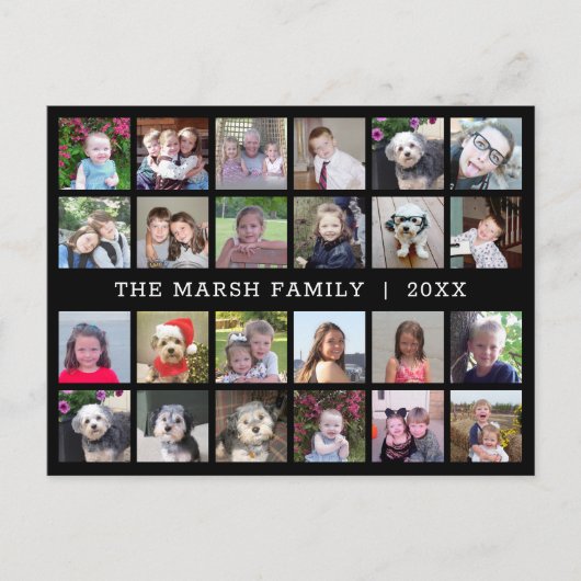 24 FotoCollage mit Familienname Datum - schwarz Postkarte (Vorderseite)