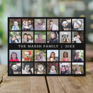 24 FotoCollage mit Familienname Datum - schwarz Postkarte