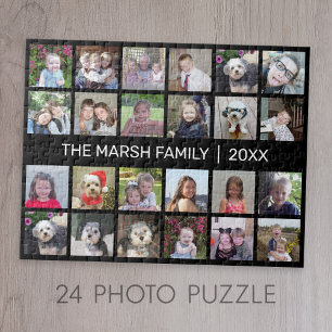 24 FotoCollage mit Familienname Datum - schwarz Puzzle