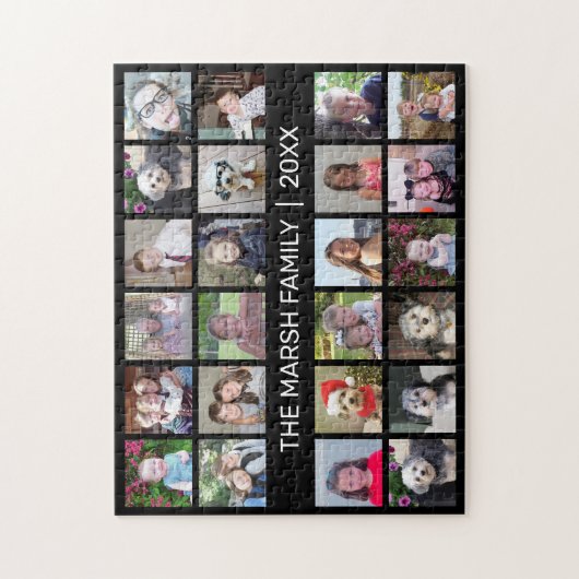 24 FotoCollage mit Familienname Datum - schwarz Puzzle (Vertikal)