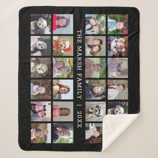 24 FotoCollage mit Familienname Datum - schwarz Sherpadecke (Vorderseite)
