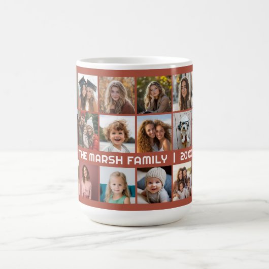 24 FotoCollage mit Familienname Datum Terra cotta Kaffeetasse (Mittel)