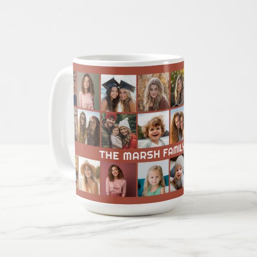 24 FotoCollage mit Familienname Datum Terra cotta Kaffeetasse (Vorderseite Links)