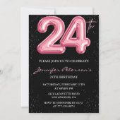 24. Geburtstag Einladungen Pink Balloon Glam Black (Vorderseite)