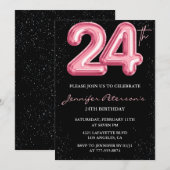 24. Geburtstag Einladungen Pink Balloon Glam Black (Vorne/Hinten)