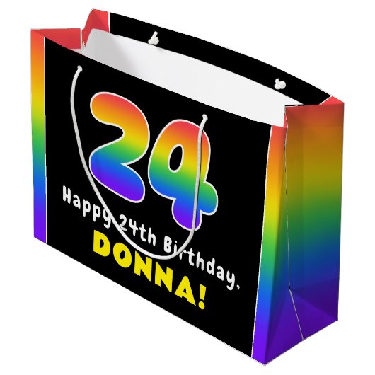 24. Geburtstag: Farbiger Regenbogen # 24, Individu Große Geschenktüte (Rückseite Schrägansicht)