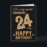 24. Geburtstag, für Grandson, Goldener Effekt auf  Karte<br><div class="desc">Eine schicke 24. Geburtstagskarte für einen ganz besonderen Grandson, mit der Zahl 24, in einem hellen Mosaikmuster mit einer goldenen Effekt-Kontur und dem ganzen Text in goldener Effektschrift (also keine metallische Farbe). Neben dem "Happy Birthday" befindet sich ein heller roter und goldener Stern auf diesem beeindruckenden digitalen Design von Judy...</div>