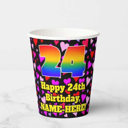24. Geburtstag: Loving Hearts Pattern, Regenbogen Pappbecher (Vorderseite)