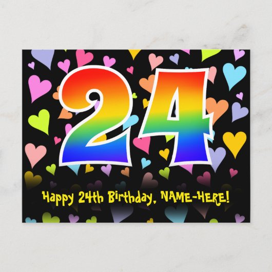 24. Geburtstag: Lustiges Herzen-Muster, Regenbogen Postkarte (Vorderseite)