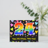 24. Geburtstag: Lustiges Herzen-Muster, Regenbogen Postkarte (Stehend Vorderseite)