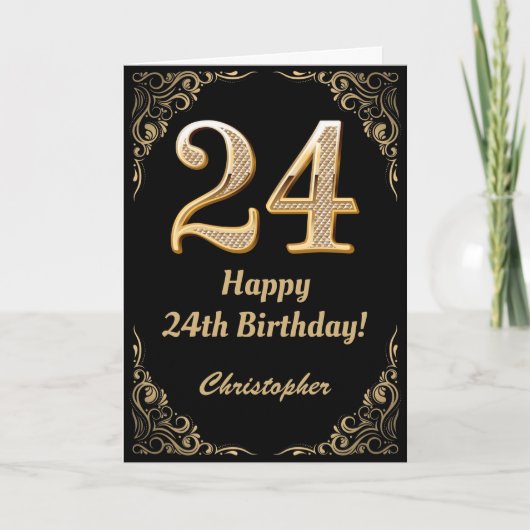 24. Geburtstag Schwarz und Gold Glitzer Rahmen Karte (Vorderseite)