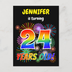 24. Geburtstag - Spaß mit Feuerwerk, Regenbogen-Lo Postkarte