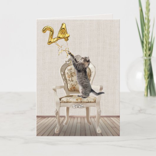 24. Geburtstagsballons und Tabby Cat Karte (Vorderseite)