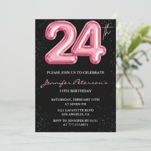 24. Geburtstagseinladungen Pink Balloon Glam Black Einladung