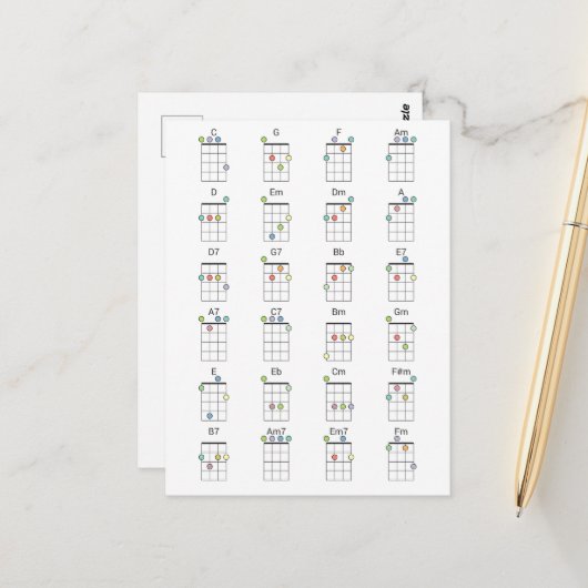 24 Gemeinsame Ukulele-Akkorde - Farbreferenz Postkarte (Vorderseite/Rückseite Beispiel)